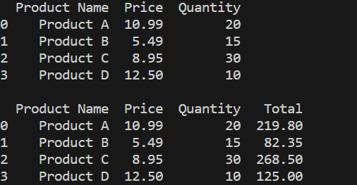 Create a DataFrame with information about products (Product Name, Price, Quantity). Add a new column "Total Price" that represents the product of Price and Quantity for each product.
