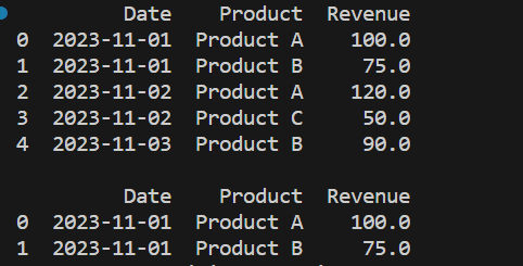 Create a DataFrame with sales data, including columns for "Date," "Product," and "Revenue." Filter the DataFrame to show sales data for a specific date.