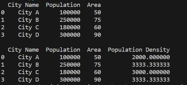 Create a DataFrame with information about cities (City Name, Population, Area). Add a new column "Population Density" calculated as Population/Area.